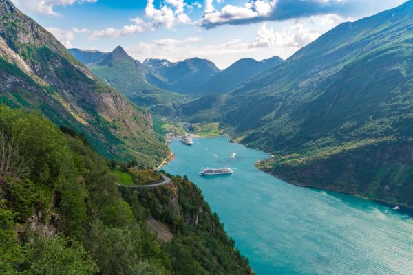 Bird-eye shot of the view of the Geirangerfjord, Norway