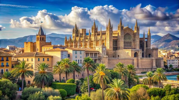 Palma de Mallorca landscape. Landscape with Cathedral La Seu in Palma de Mallorca islands, Spain Freepik