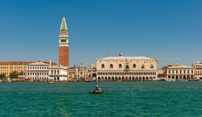 Church of San Giorgio Maggiore surrounded by buildings and canals in Venice, Italy